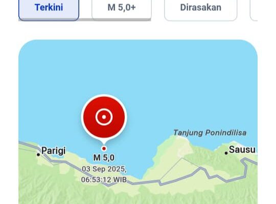 Pagi ini, Gempa M 5.0 Goyang Parigi Moutong 