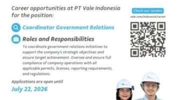Lagi PT Vale  Buka Loker,  Ini Posisi yang Dibutuhkan 