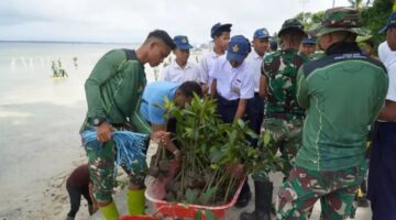 Program Kasad”Bersatu dengan Alam” Satgas TMMD Ke-129 Tanam 1.000 Mangrove di Pantai Umbele 