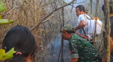 Sigap! Babinsa Bahodopi Bantu  Padamkan Kebakaran Lahan  